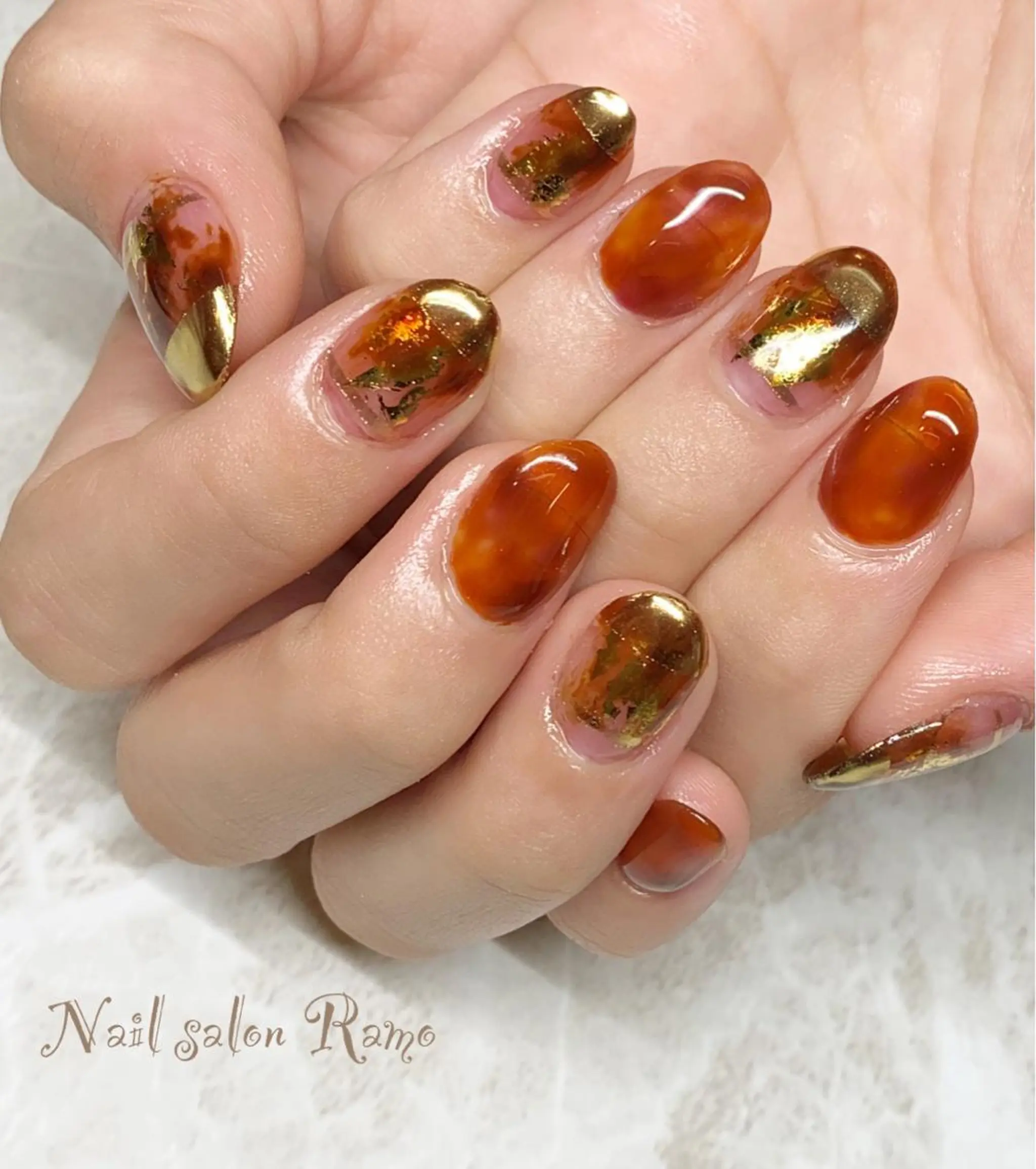 ネイル アートネイル べっ甲ネイル ブルー ブラウン 長さ出し Nail salon Ramo所属・松田 祥子のネイルデザイン