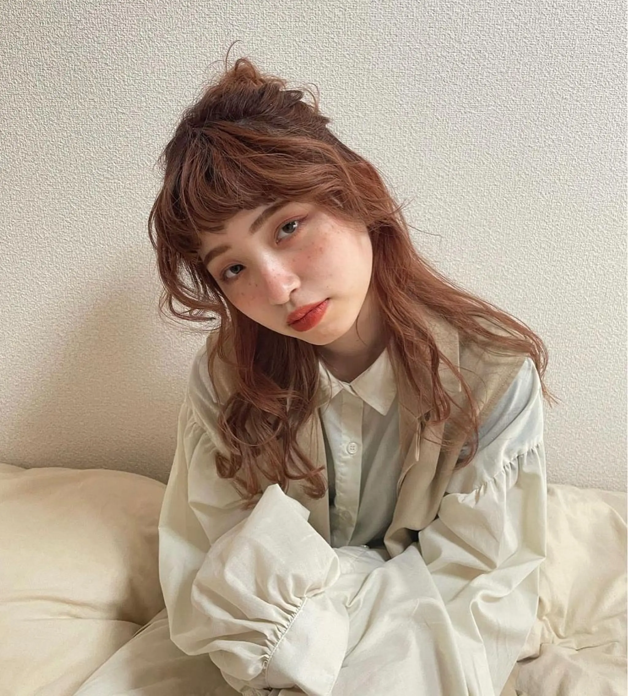 ロング カラー ヘアアレンジ ハーフアップ ブリーチ ブラウンカラー HITOMI 福岡パーマのヘアスタイル