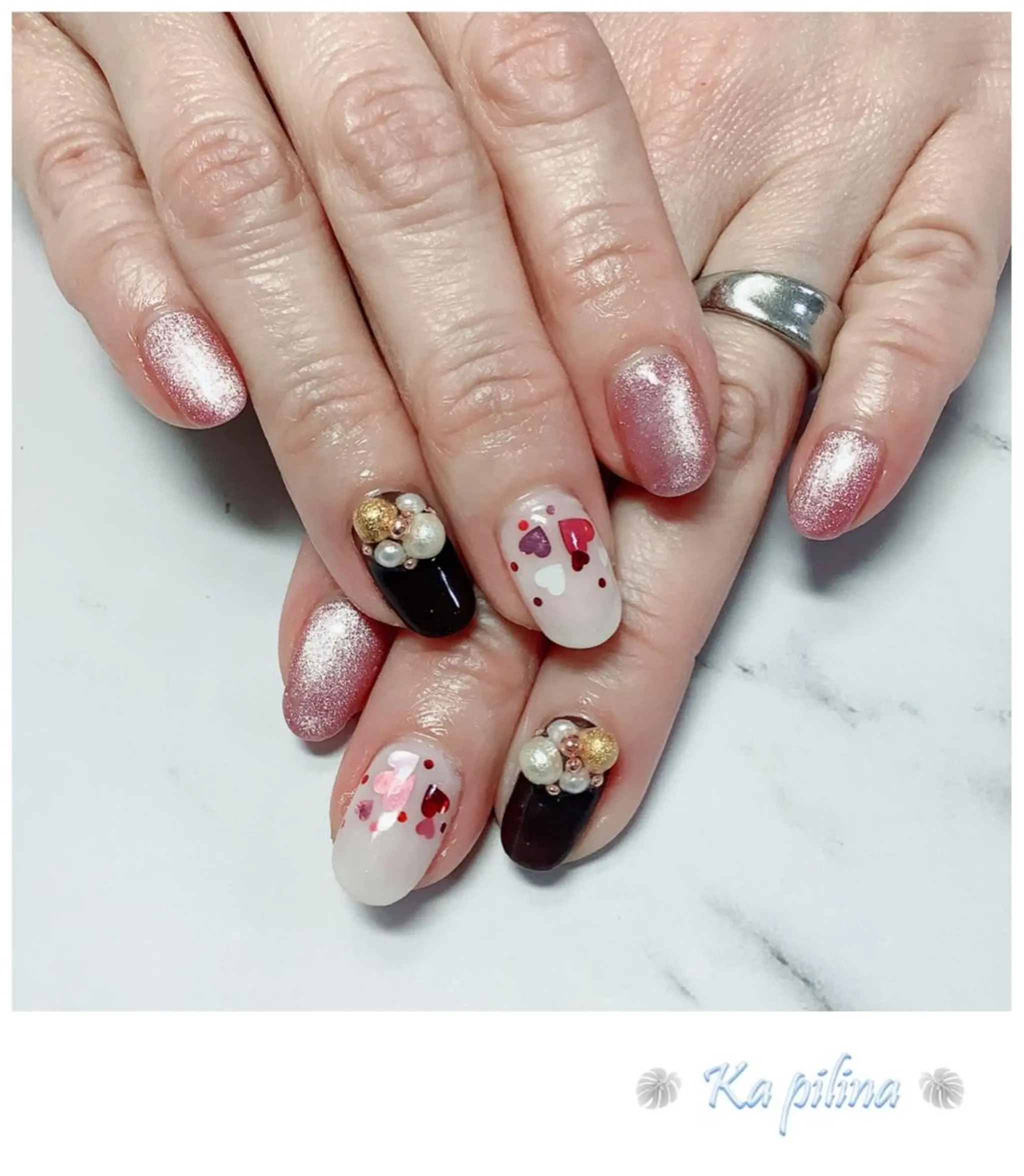 ネイル ガーリー ハート マグネットネイル Nail salon Ka pilinaのネイルデザイン