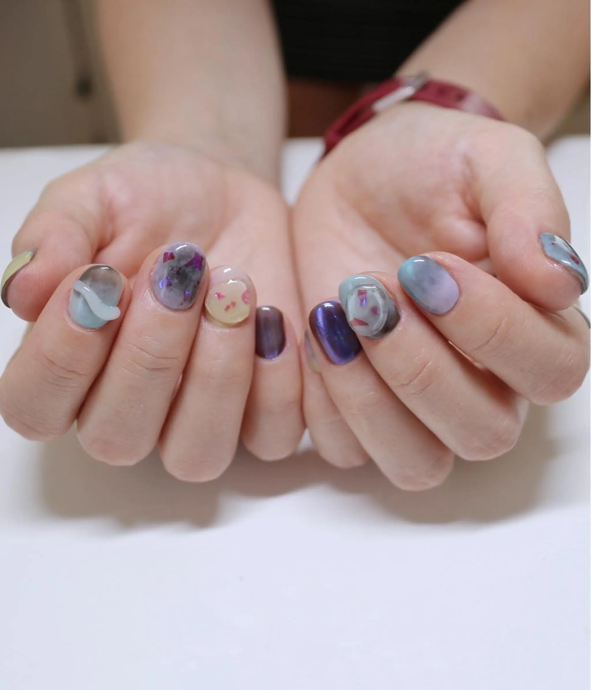 ネイル ブルー ミラーネイル ニュアンスネイル ハンドネイル Baku Nailsのネイルデザイン