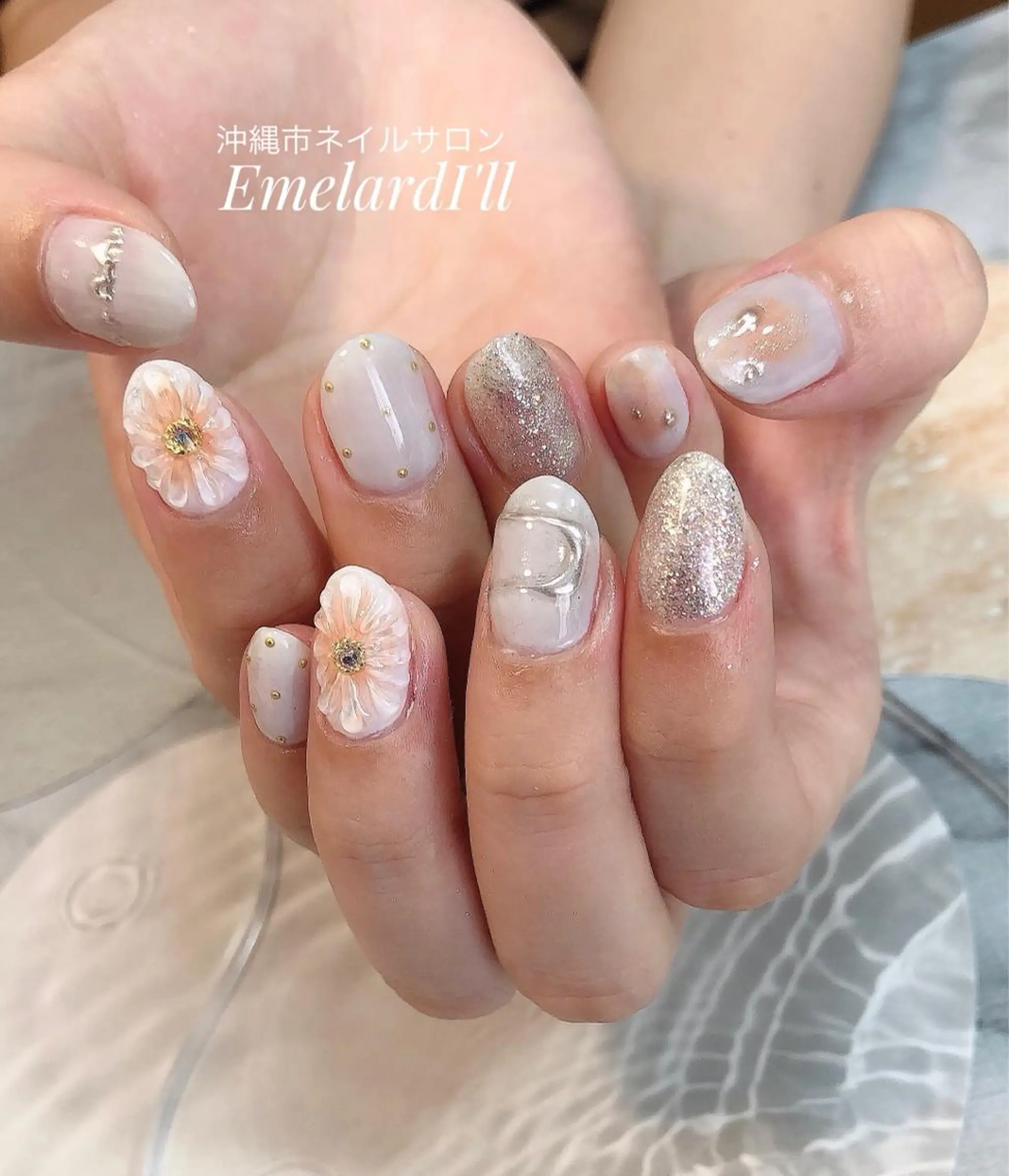 ネイル フラワーネイル ぷっくりネイル ハンドネイル ハンドケア 沖縄市ネイルサロン エメラルドアイルのネイルデザイン