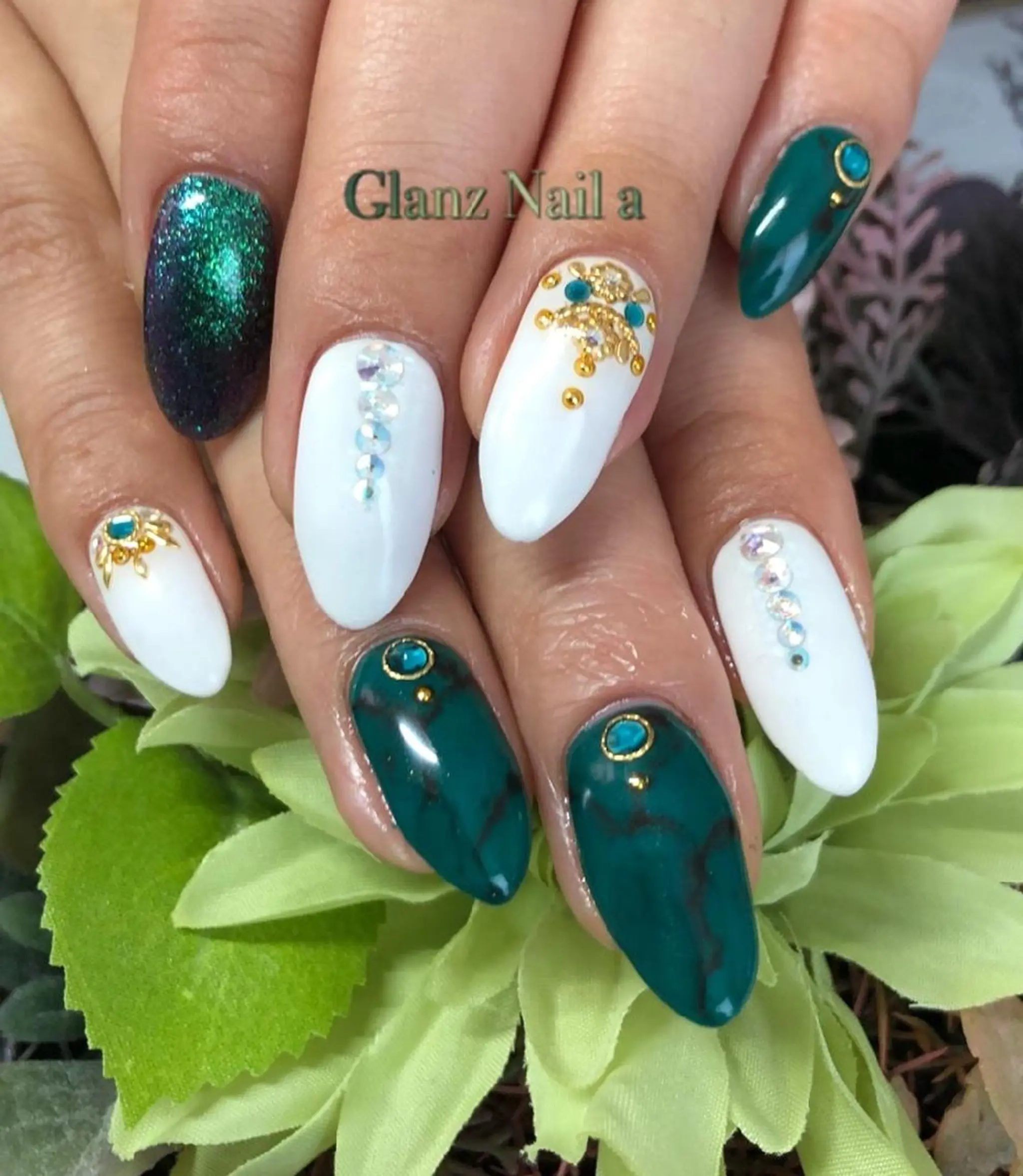 ネイル グリーン 大理石ネイル(マーブル) ストーンネイル Glanz  Nail aのネイルデザイン