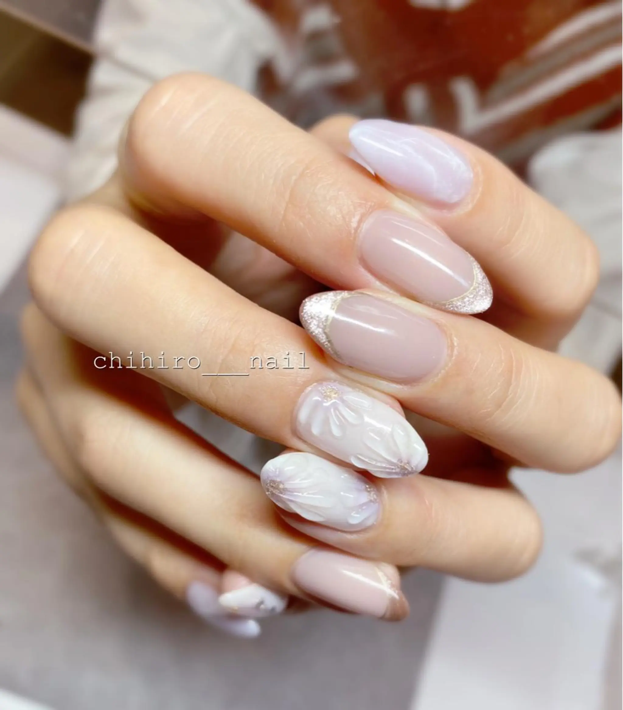 セミロング カラー ネイル フラワーネイル ぷっくりネイル ハンドネイル beauty salon ma'am所属・chihiro 小路ネイルのネイルデザイン