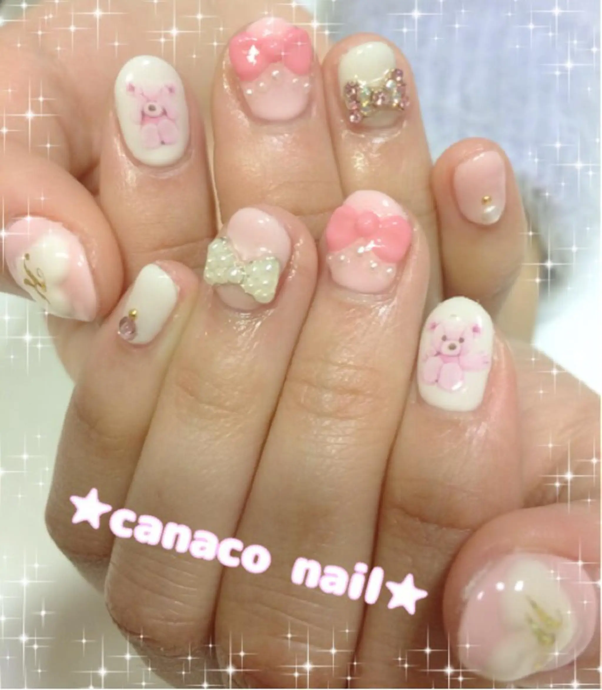 ネイル アートネイル ジェルネイル パラジェル リボン ストーンネイル ハンドネイル ハンドケア Felice所属・ベテランネイル cnc  nailのネイルデザイン