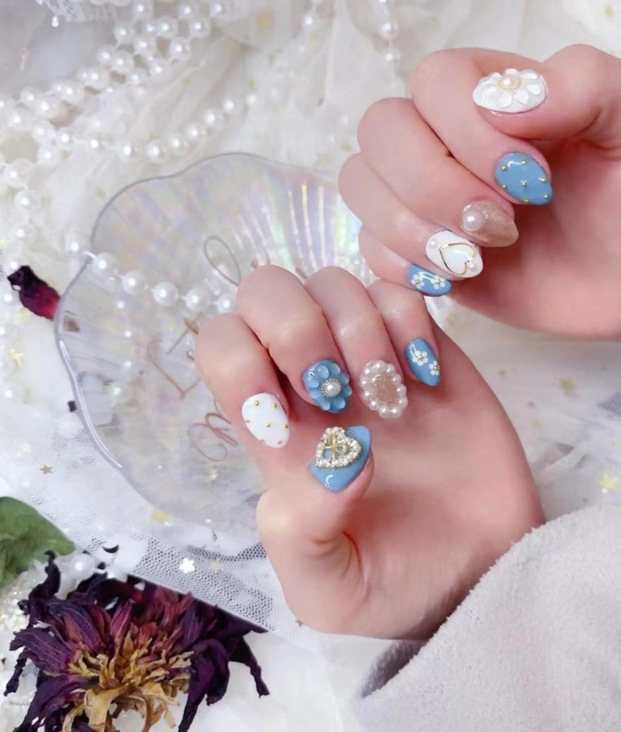 ネイル ブルー クリアネイル ドット ガーリー Babarla Nailのネイルデザイン