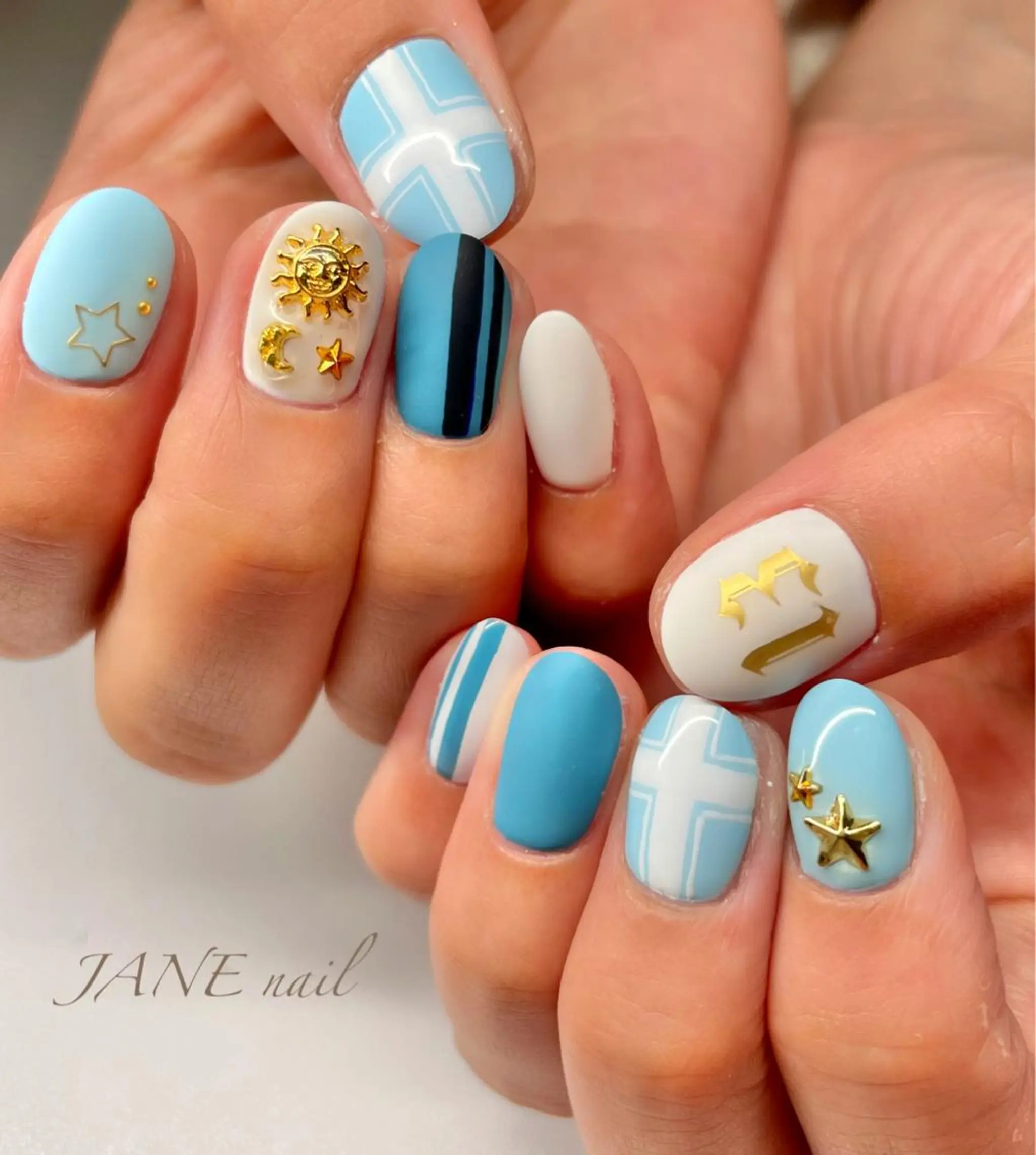 ネイル ブルー フットネイル 水色 マットネイル パステルネイル ハンドネイル Nail Salon JANEのネイルデザイン