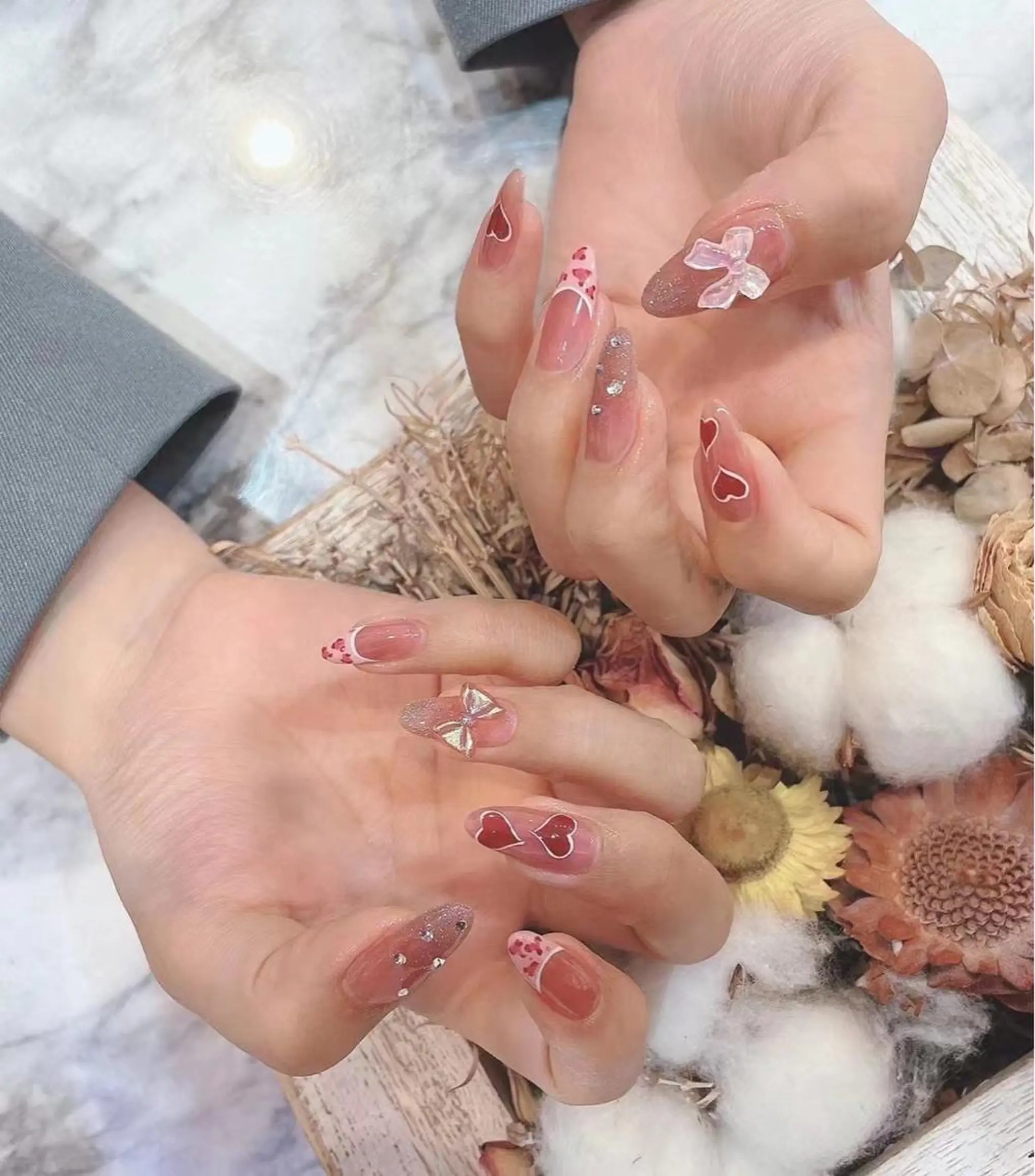 ネイル ハート ピンク 赤色 リボン Babarla Nailのネイルデザイン