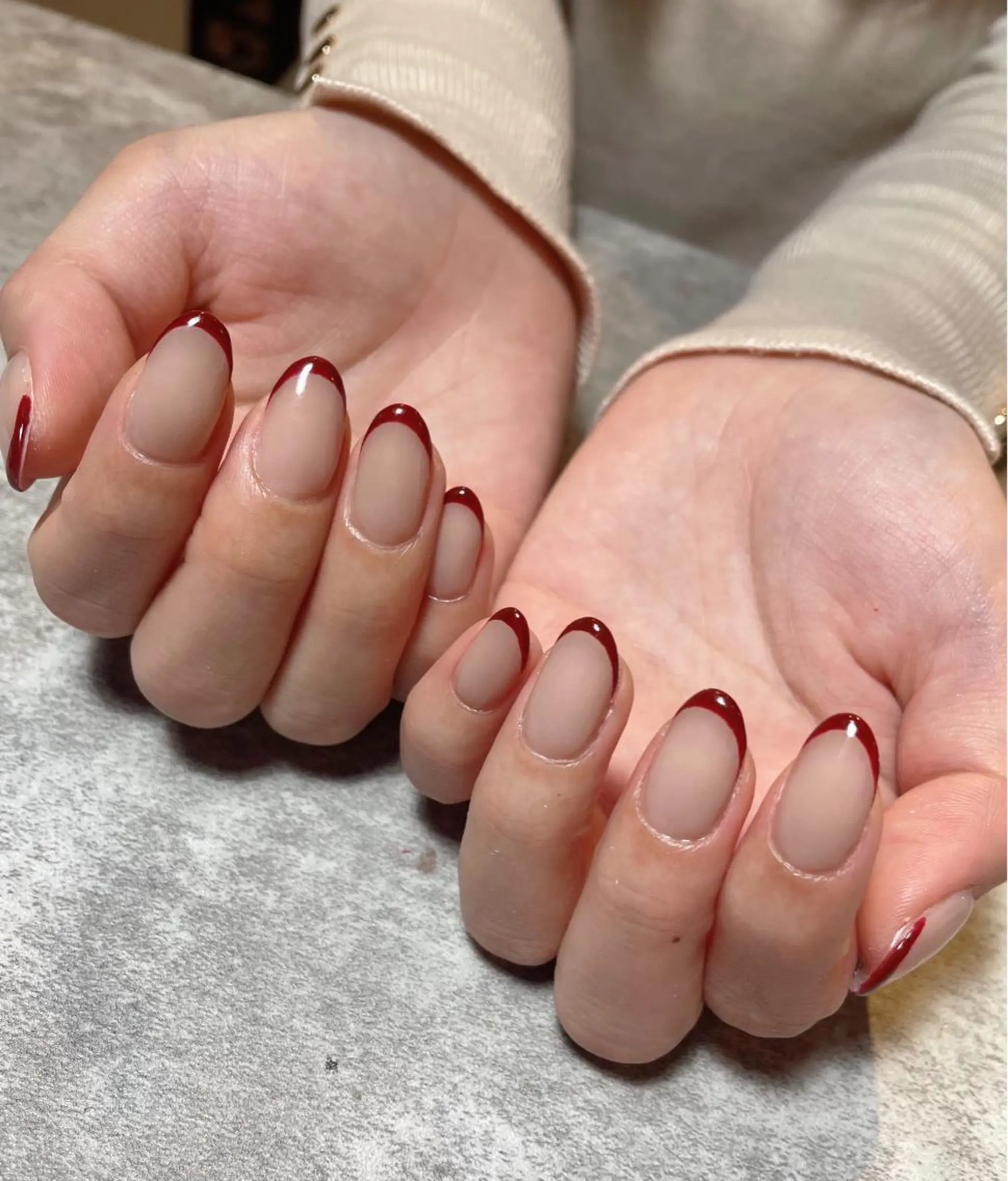 ネイル ボルドー フレンチネイル 赤色 ハンドネイル ma riのネイルデザイン