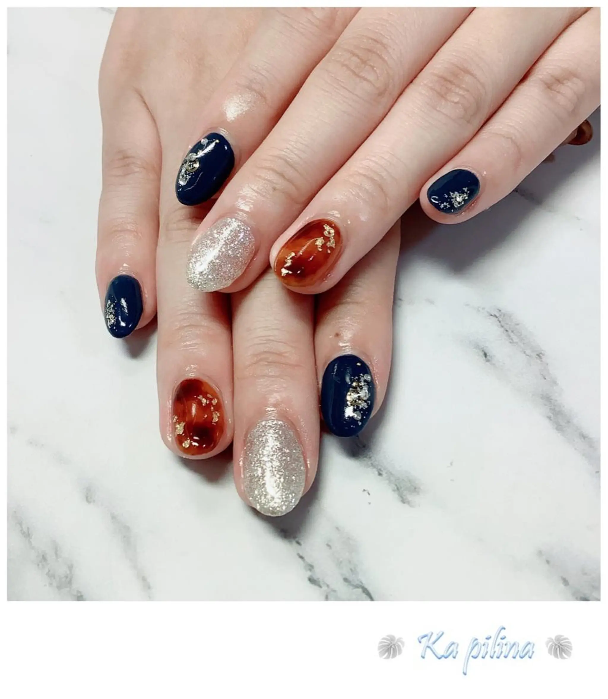 ネイル べっ甲ネイル ネイビー Nail salon Ka pilinaのネイルデザイン