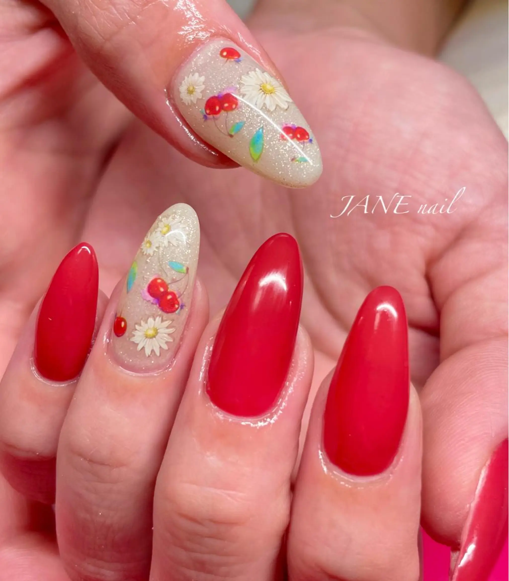 ネイル フラワーネイル フットネイル ロングネイル ピンク 赤色 ハンドネイル Nail Salon JANEのネイルデザイン