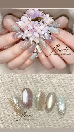 【春sweets:オフ別途追加】フラッシュラメ＆マグネットジェルの春新色Colorの合わせデザイン。 色柔らかく強く光る