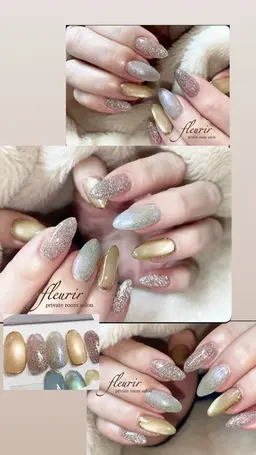 【ドンペリ🥂:オフ別途追加】ピンクフラッシュラメ、偏光ラメ、シャンパンゴールドマグネットの 大人清楚なデザイン✨