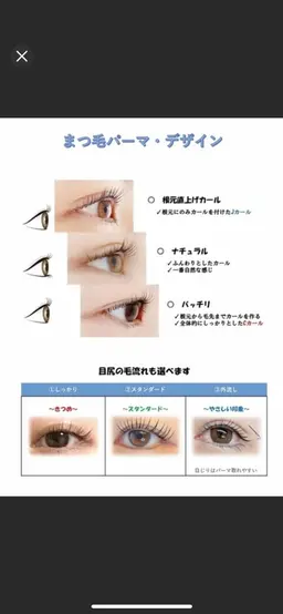 [まつげパーマ]メーテルまつげパーマ上¥5000円、目尻流す垂れ目タイプ