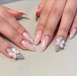 💫 ミラーワンカラーネイル·2色🉑リボンパーツ二つ付き@10本長さ出し付き¥7700