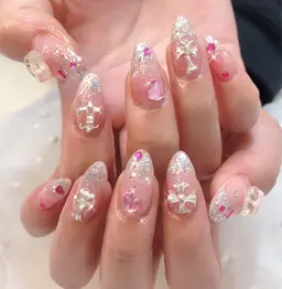 春☘️限定🌸新春ネイル☘️桜ピンクネイル❤️リボン/お花パーツつけ放題9800→8500大人ネイルゴージャスネイル❤️