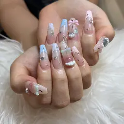 【人気♡さくらんぼ水色】ネイルチップ長さ出し10本＋デザインやり放題💅持ち込みOK！