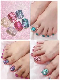 フット☆ホログラムorストーン埋め尽くし❣️キラキラMAX👍1時間で終わります🥰+1510円で巻き爪ケアも可能☆