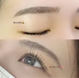 ✨同時✨パリジェンヌ or似合わせまつ毛パーマ(上)コーティング付き⭐️+ 眉スタイリング (WAX脱毛+メイク) 🤍