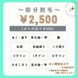 【光脱毛】お悩みに合わせてパーツから選べる部分脱毛★1パーツ30分/￥2,500