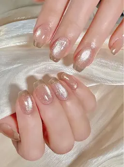 【JR】ガラス／ミラーフレンチ（ベースカラーあり)￥6980 ➡️5980🧲マグネット変更可能　日常オフィスネイル