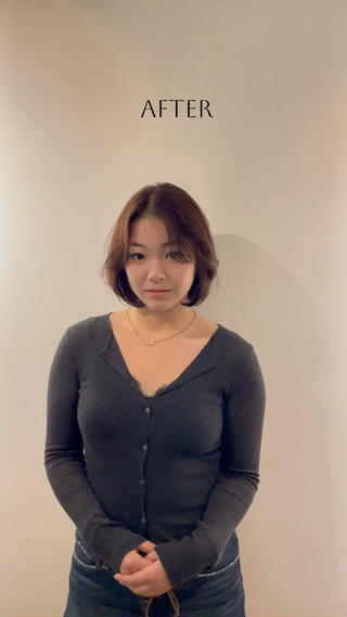 -Before After-

【menu】　カット+ワンカラー（ショート）

軽すぎないボブのベースに
顔周りに動きをつけて大人っぽく、

色は赤みの出にくいブラウンに　 