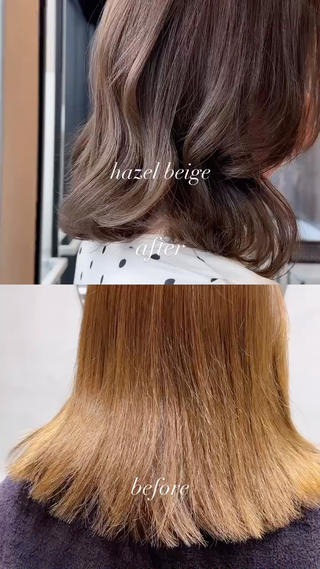 赤みを抑えた透明感 hazel beige
Beforeのオレンジっぽさを抑え、柔らかく艶のあるベージュカラーに。
ブリーチなしでも透明感のある仕上がりをご提案します
「ベージュにしたいけど似合うか不安…」
「赤みをなくして垢抜けたい!」
そんな方はぜひ一度ご相談ください
クーポン掲載中◎
ご予約は下のメニューよりお待ちしております
※ご予約枠に限りがございますので、お早めのご予約がおすすめです。