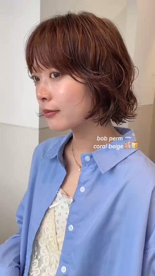 ミディアム パーマ 抜け感ボブ×パーマ ｜kazaneのヘアスタイル