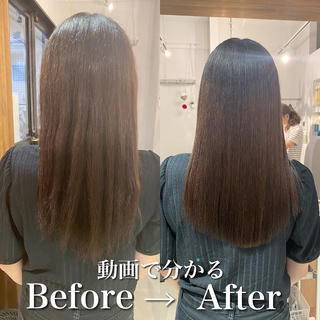 【艶ロング×髪質改善美髪酸性ストレート】
カラーは暗いですが実はブリーチ毛。
薬の強さを調節して癖も収まる艶ロングに︎
手触りも良くなります!