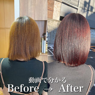 【ウォームブラウン×髪質改善酸熱トリートメント】
黄みが気になっていたので紫を入れて黄みを取りながら少しピンクっぽいウォームブラウンに︎
髪質改善では艶々かつ柔らかい美髪に