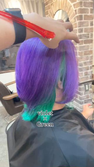 【特殊wカラー】
バイオレット×グリーン
ブリーチの回数はその方によって違います
今回の動画はリタッチのみ。