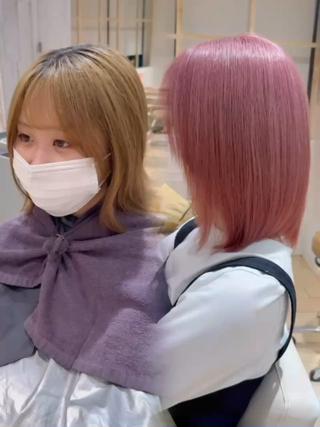 ブリーチカラーで春ピンク
ツヤツヤ効果のある処理剤とトリートメントでしっかりダメージケア