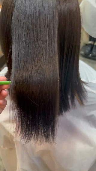 縮毛モデル様もダメージを最低限に施術させていただいています!無駄に強いお薬を使わず、今までのダメージを考慮したケア処理で美しい髪を長く楽しめるようにします