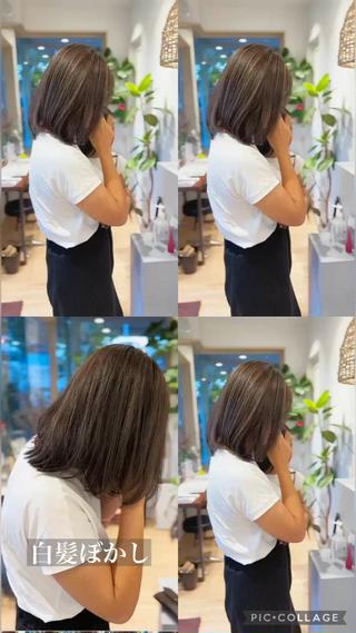 ミディアム 白髪ぼかしハイライト 💫ミネ ヒロシのヘアスタイル