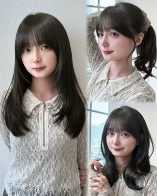 ロング 表参道小顔カット前髪 割れ改善クロスパーマのヘアスタイル