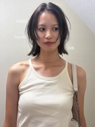ショート カラー パーマ ヘアアレンジ メンズ 切りっぱなしヘアボブ ミディアムヘアRYOのヘアスタイル