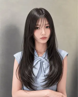 ロング 表参道小顔カット前髪 割れ改善クロスパーマのヘアスタイル