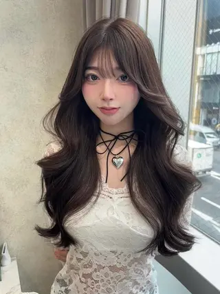ロング 韓国ヘア レイヤーカットのヘアスタイル