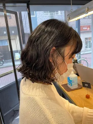 ミディアム パーマ 暖色カラー🍊 ボブ🌿顔周りcutのヘアスタイル
