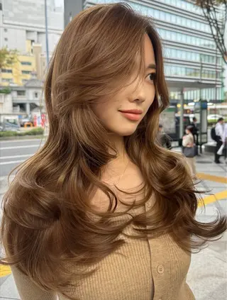 セミロング カラー ハイライト、レイヤー カット/西梅田/中西のヘアスタイル