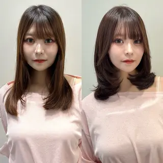 ミディアム カラー 新宿/レイヤーカット 髪質改善/小顔見せのヘアスタイル