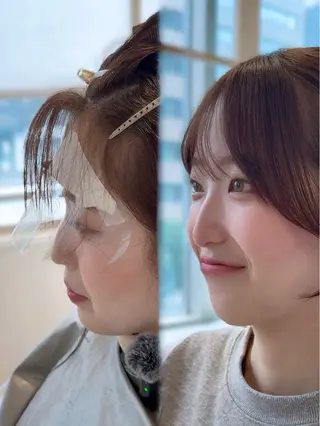 セミロング 表参道小顔カット前髪 割れ改善クロスパーマのヘアスタイル