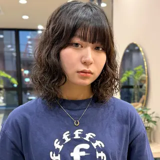 ミディアム パーマ 艶ブリーチカラー✨ ボブレイヤーSakiのヘアスタイル
