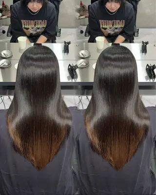 ロング RAF／Lino 美髪矯正／暗髪カラーのヘアスタイル