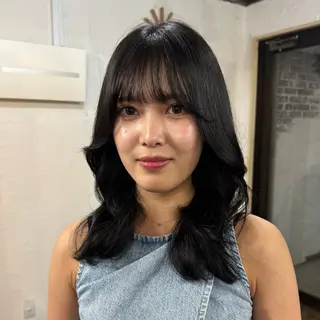セミロング カラー 韓国レイヤー柔らかい 地毛風縮毛矯正／マツのヘアスタイル