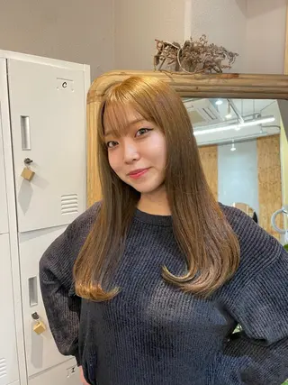 ロング カラー 縮毛矯正/暖色カラー ピンクベージュのヘアスタイル