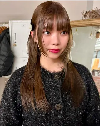 ロング カラー 縮毛矯正/暖色カラー ピンクベージュのヘアスタイル