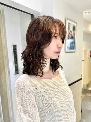 ミディアム カラー パーマ デジタルパーマ 🌀ボブ　萩原　龍のヘアスタイル
