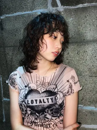 ミディアム パーマ ブリーチモデル/ カットモデル/Riaのヘアスタイル