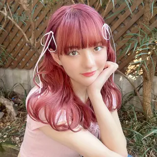 セミロング カラー ヘアアレンジ ピンク系カラー💗 ヘアセット特化のヘアスタイル