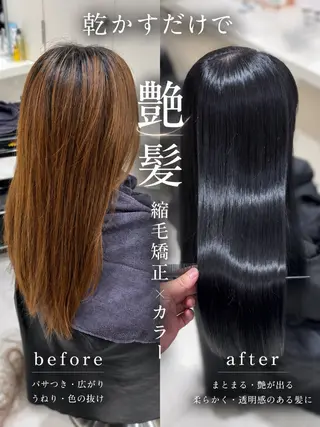 ロング 暗髪×艶髪/縮毛矯正 ブルーブラック/池袋のヘアスタイル